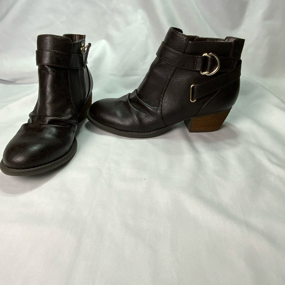 Dr. Scholl's Dark Brown Ankle Booties Block Heel Side Zip Size 8 Buckle Boho